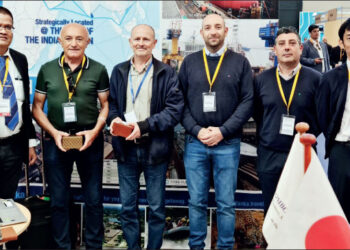 Colombo Dockyard team with Spanish vessel owners Europea De Tunidos S/N team led by Jose Ramon at the Navalia exhibition, Colombo Dockyard stall