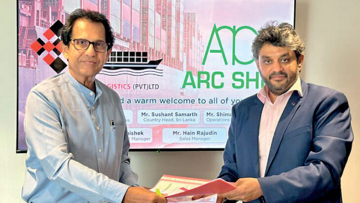 Lanka Shipping and Logistics Chairman Saliya Senanayaka (right) and Arc Ship Management CEO Akbar Khan exchange the strategic partnership signed between the two organisations